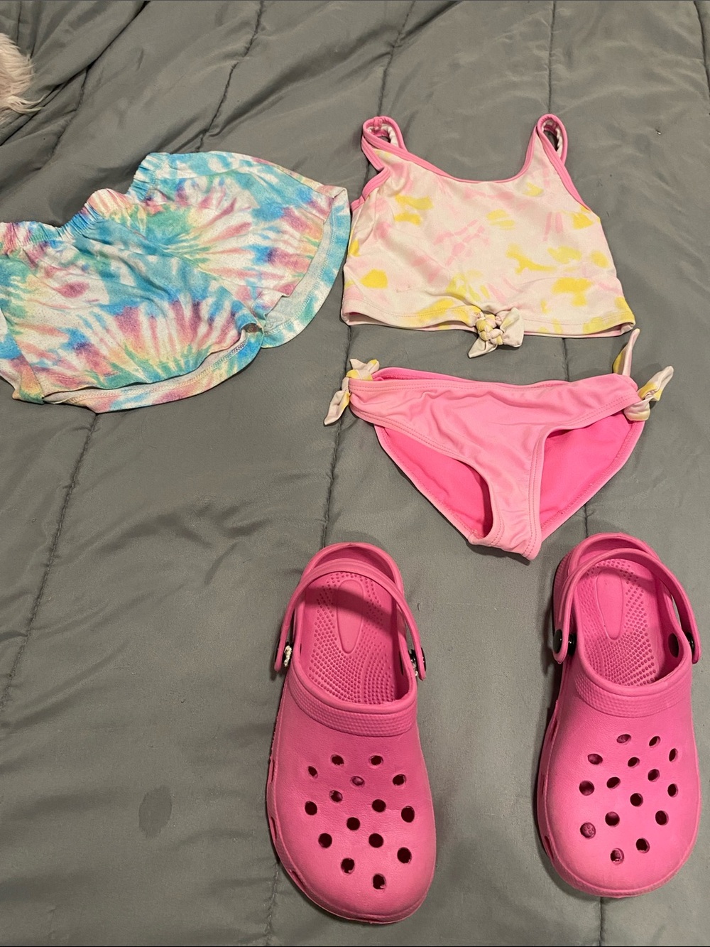 Kids Pink Tie-Dye Two-Piece Swimsuit Set , TANKINI, shorts, and pink crocs